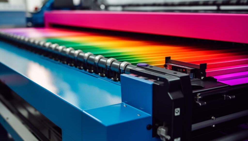 Modern printing press in a factory, producing multi colored documents generated by AI Modern printing press in a factory, producing multi colored documents generated by artificial intelligence